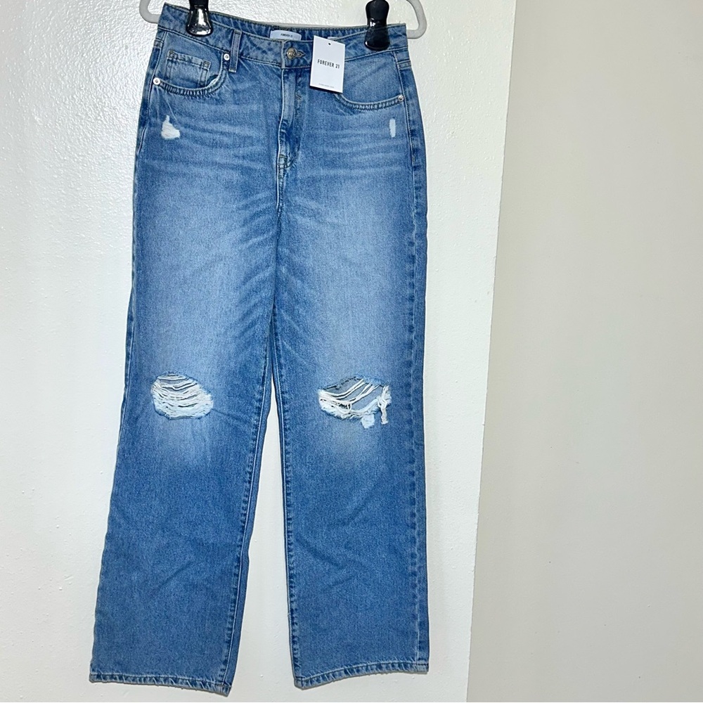 Forever 21 Womens 90s Fit Distressed Light Wash Denim Wide Leg Jeans Size 27 NWT